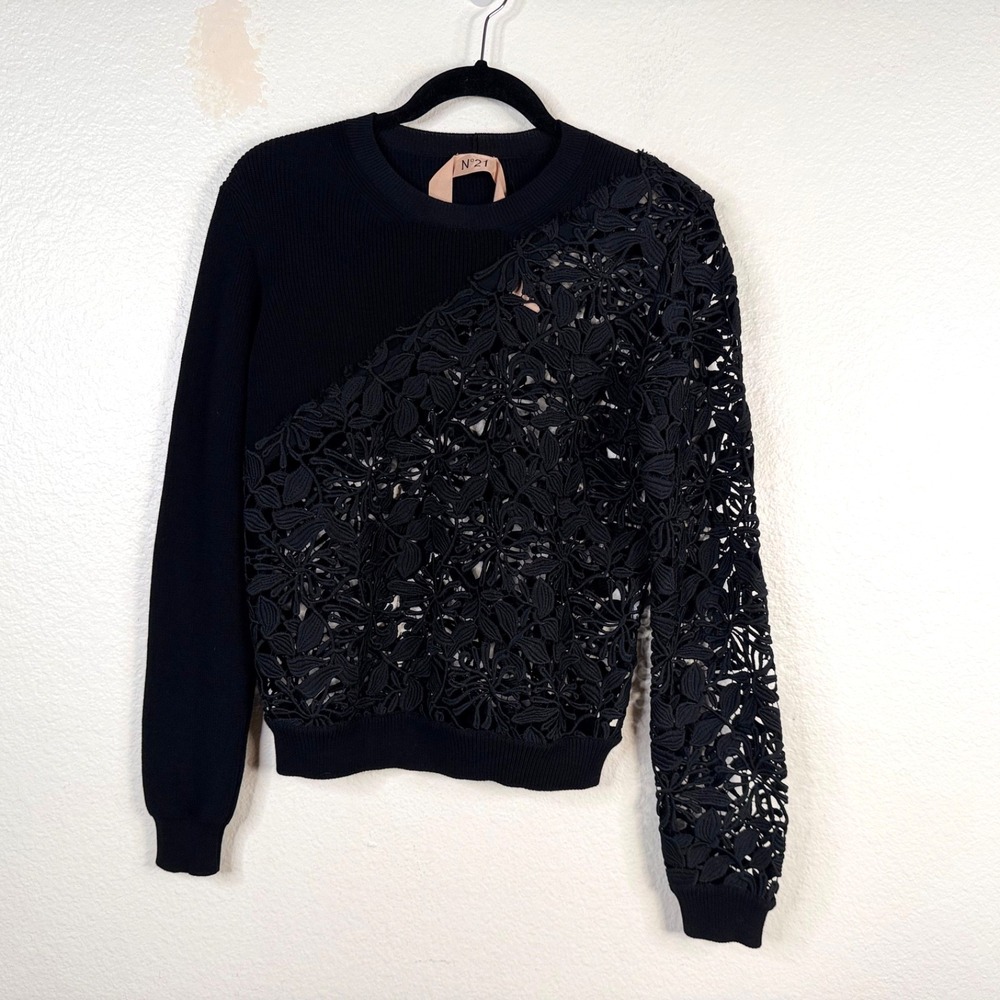 No. 21 Women's Sweater Black Sz S/M Sheer Elegant Cocktail Art Eclectic